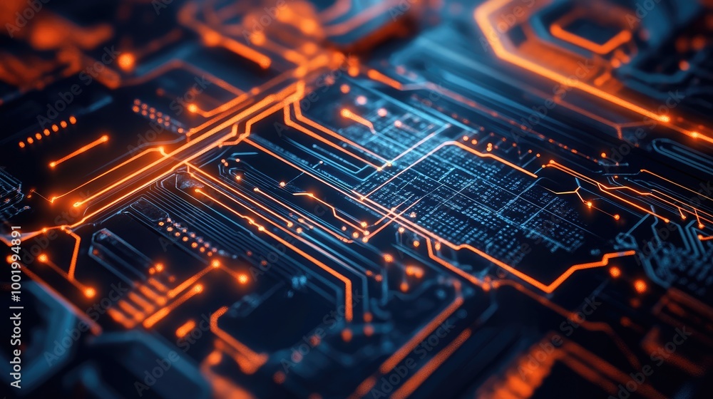 Poster circuit board design with nodes and connections, illustrating the intricate web of modern technology