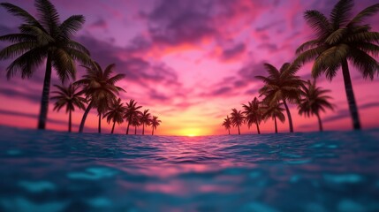 Tropical Sunset Beach with Palm Trees  Ocean Waves  and Pink Sky