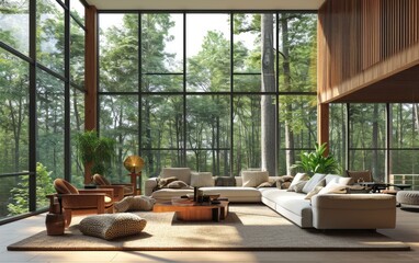 Fototapeta premium Elegant spacious living room with armchairs and white corner sofa near the coffee table on large windows wall. living area interior design for villa