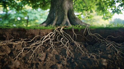 Fototapeta premium Roots and Soil Beneath a Tree Canopy in Nature