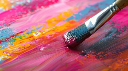 Fototapeta premium Brush with vibrant paint on colorful canvas