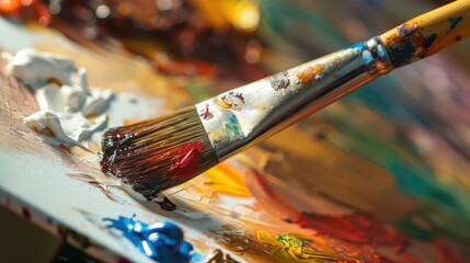 Fototapeta premium Close-Up of Paintbrush on Vibrant Palette