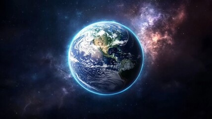 Fototapeta premium A detailed view of Earth from space showcasing its vibrant colors and atmospheric glow against a starry background