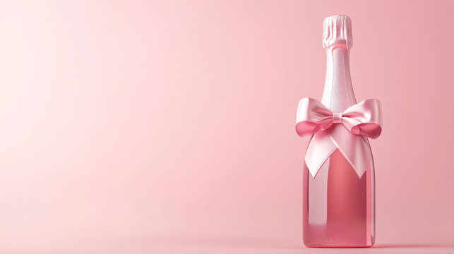 Pink champagne bottle with bow on pastel