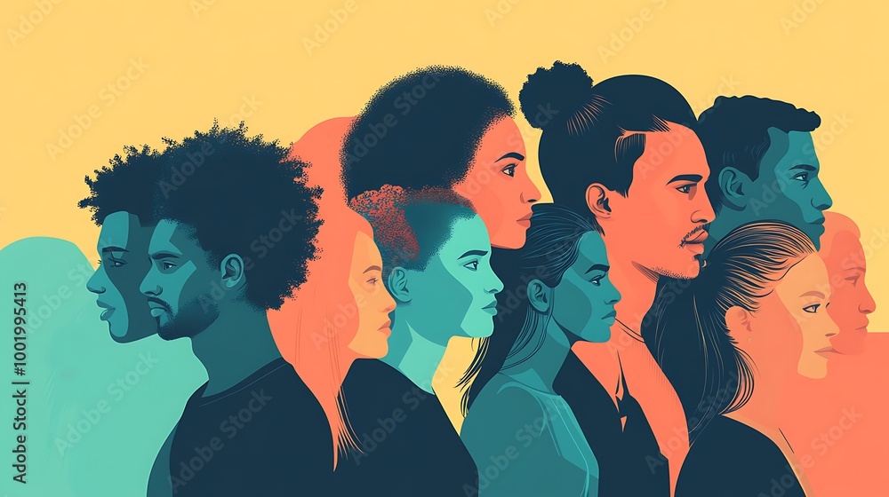 Poster Diverse group of people in profile view, symbolizing unity and inclusion.