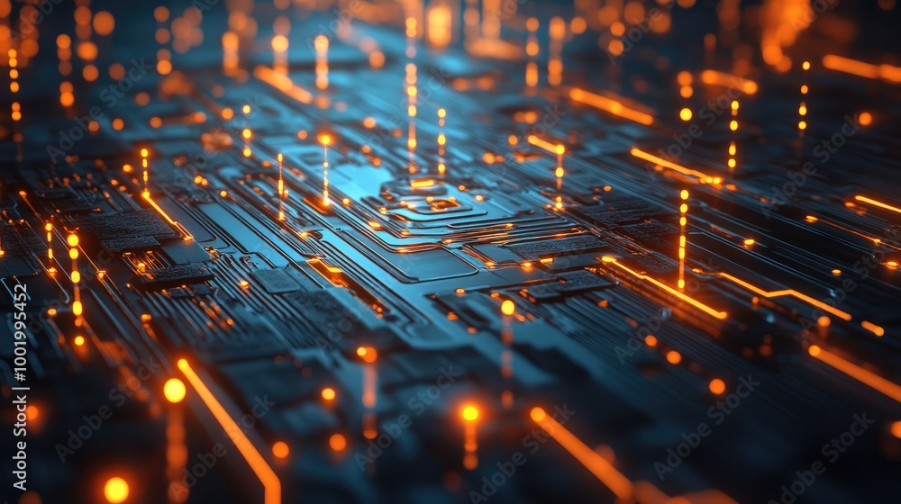 Poster circuit board pattern with glowing nodes, symbolizing the complexity of modern digital systems.