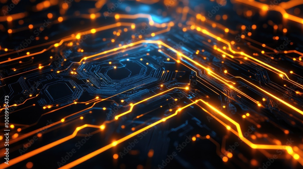 Poster circuit board pattern with glowing nodes, symbolizing the complexity of modern digital systems.