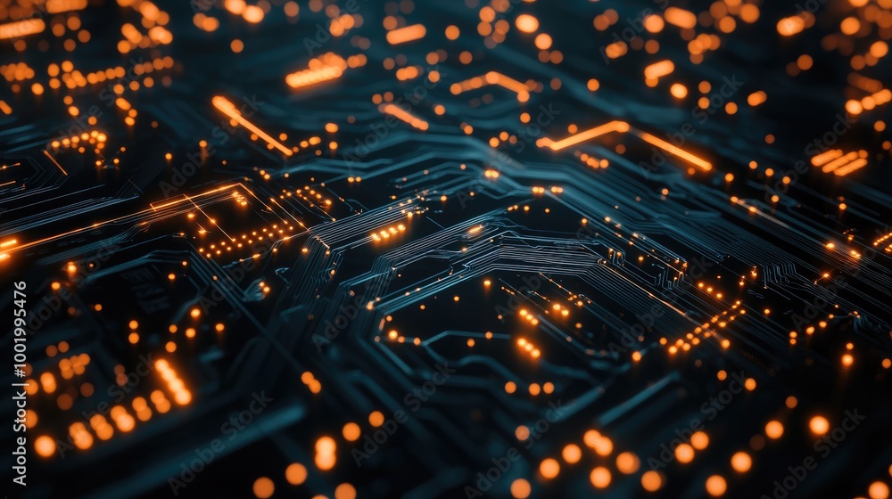 Poster circuit board pattern with glowing nodes, symbolizing the complexity of modern digital systems.