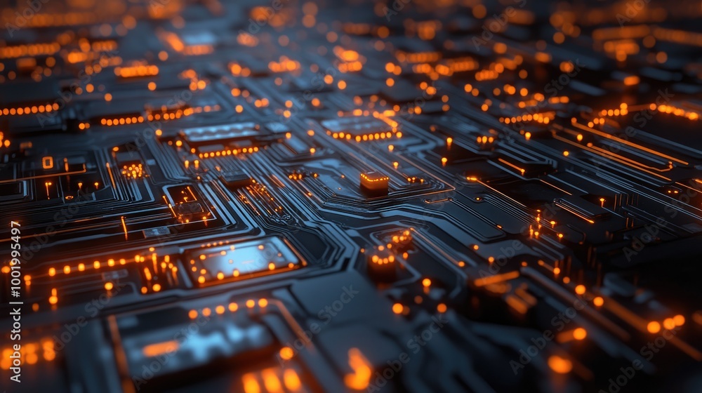 Poster circuit board pattern with glowing nodes, symbolizing the complexity of modern digital systems.