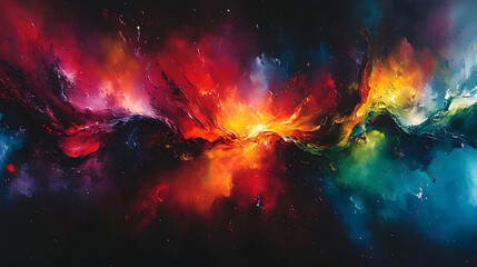 A vibrant abstract painting featuring swirling, fiery hues of red, orange, yellow, and blue, resembling a cosmic explosion or a volcanic eruption.