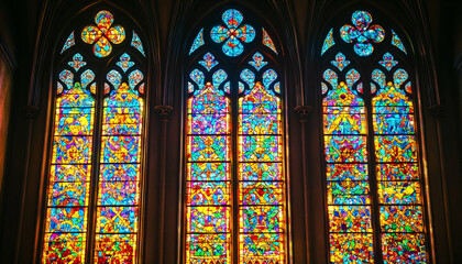 Fototapeta premium A vibrant stained glass design with intricate patterns and rich colors, resembling classic church or cathedral windows