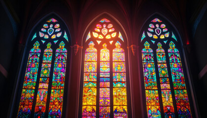Fototapeta premium A vibrant stained glass design with intricate patterns and rich colors, resembling classic church or cathedral windows