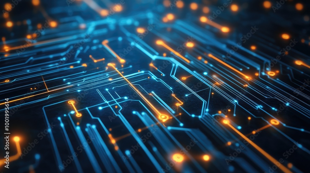 Poster circuit board pattern with glowing nodes, symbolizing the interconnected world of digital technology
