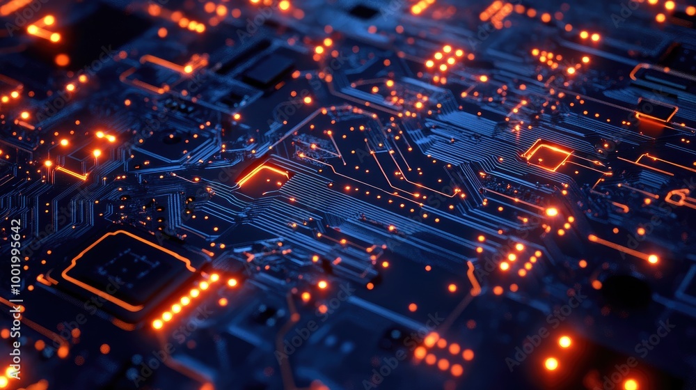 Poster circuit board pattern with glowing nodes, symbolizing the complexity of modern digital systems.