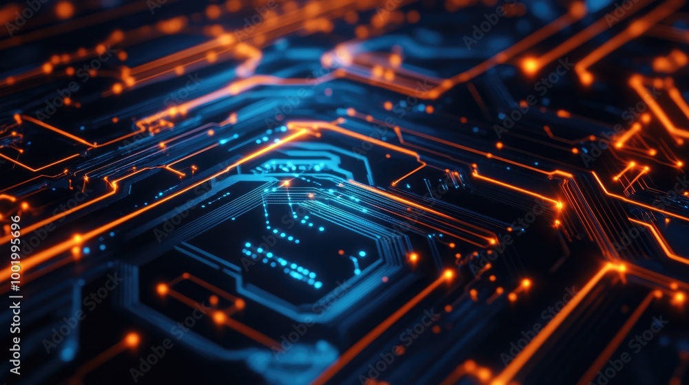 Poster circuit board pattern with glowing nodes, symbolizing the complexity of modern digital systems.
