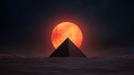Obraz premium Ancient Pyramid Silhouette Against Red Moon and Starry Sky