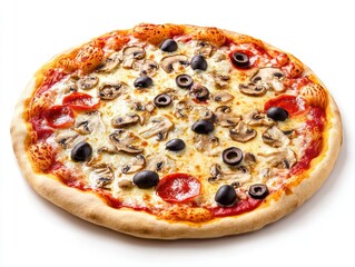 A whole pizza with a variety of toppings like mushrooms and olives, isolated on a plain white background