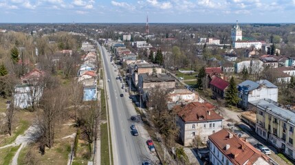 Fototapeta premium An aerial view of a small town with a road running through it. There are trees and buildings on either side of the road. The sky is blue with some clouds.