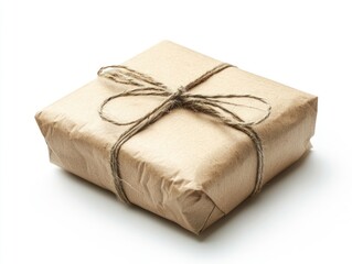 Gift packaging made from recycled and handmade paper, isolated on a plain white background, focus on texture