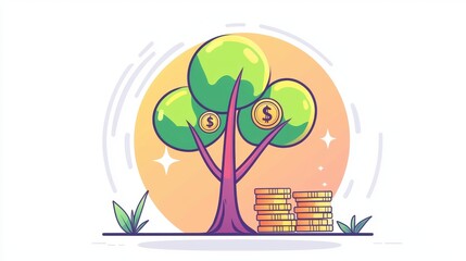 A conceptual illustration of a money tree with coins and stacks of gold.
