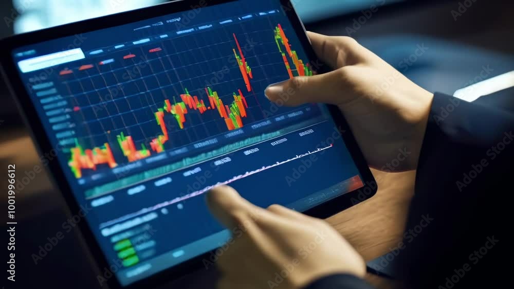 Poster Businessman is analyzing financial data on a tablet computer, with graphs and charts displayed on the screen, in a dark office setting