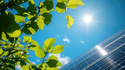 Obraz premium Close-up of a solar panel with green leaves and a bright blue sky, illustrating the blend of technology and nature
