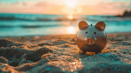 Golden Piggy Bank on Beach at Sunset