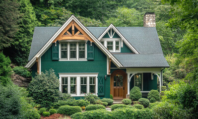 A green craftsman home with white trim, surrounded by lush trees and shrubs 