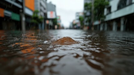 Fototapeta premium Flooded City Street with Rain and Shallow Water
