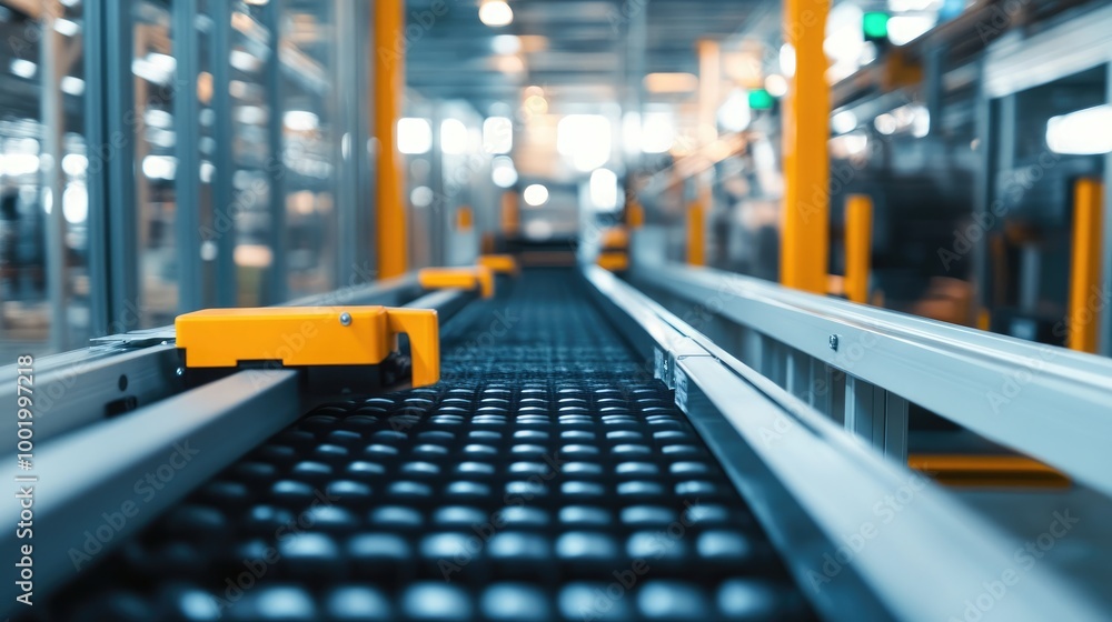 Poster close-up of automated sorting systems and technology in a modern warehouse, demonstrating logistics 