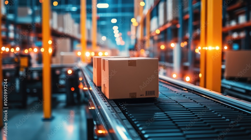 Poster close-up of automated sorting systems and technology in a modern warehouse, demonstrating logistics 