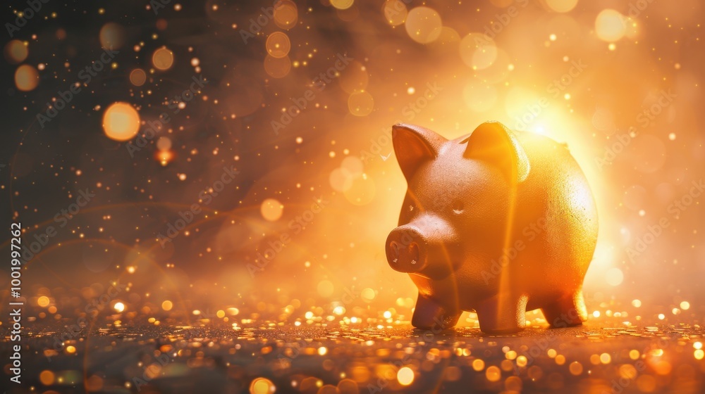 Poster golden piggy bank with sparkling bokeh background