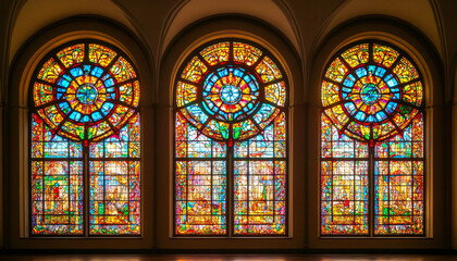 A vibrant stained glass design with intricate patterns and rich colors, resembling classic church or cathedral windows