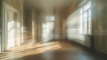 Sunlit Empty Room with Hardwood Floors and Large Windows, Bright Interior with Classic Molding, Ethereal Light and Shadows, Vintage Apartment Space