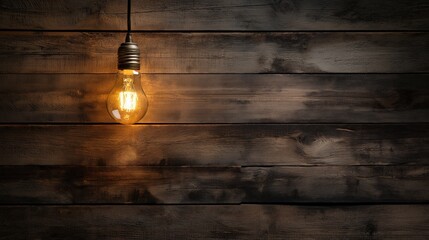 Hanging light bulb illuminating a rustic wooden background