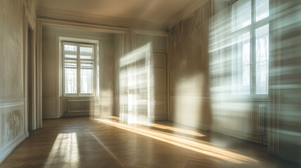 Fototapeta premium Sunlit Empty Room with Hardwood Floors and Large Windows, Bright Interior with Classic Molding, Ethereal Light and Shadows, Vintage Apartment Space