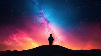 Fototapeta premium Silhouette of Man Gazing at Milky Way Galaxy Night Sky