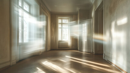 Fototapeta premium Sunlit Empty Room with Hardwood Floors and Large Windows, Bright Interior with Classic Molding, Ethereal Light and Shadows, Vintage Apartment Space