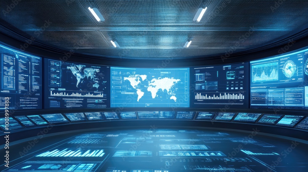 Poster control room with large screens displaying logistics data and shipment tracking information