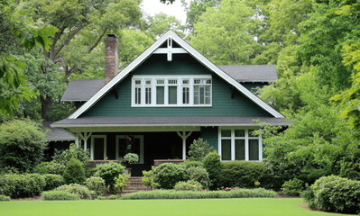 A green craftsman home with white trim, surrounded by lush trees and shrubs 