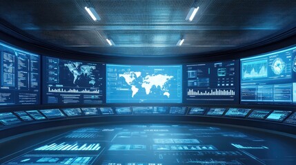 Control room with large screens displaying logistics data and shipment tracking information