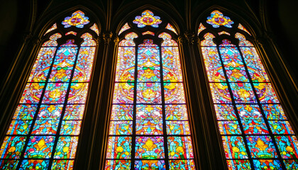 Obraz premium A vibrant stained glass design with intricate patterns and rich colors, resembling classic church or cathedral windows