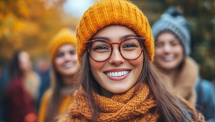 Vibrant Autumn Friendship - Diverse Group of Friends Laughing in Colorful Outfits at Park, Medium Shot with Warm Fall Leaves