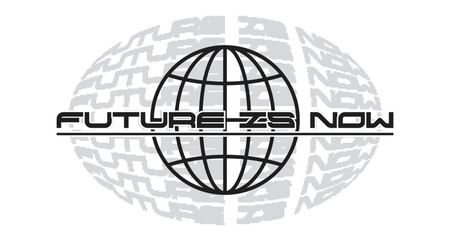Monochrome Black Futuristic typography of 'Future is Now' with Warped Circle Typography in Grey