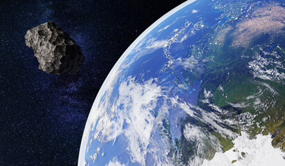 Meteorite hits Earth, meteorite floats near Earth, comet near Earth, second moon, extraterrestrial object, 3D illustration © nana