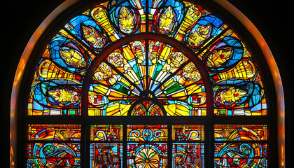 A vibrant stained glass design with intricate patterns and rich colors, resembling classic church or cathedral windows
