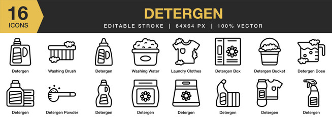 Detergent icon set. Editable Stroke Icon Collection. Includes box, bucket, dose, powder, laundry washing brush, and More. Outline icons vector collection.