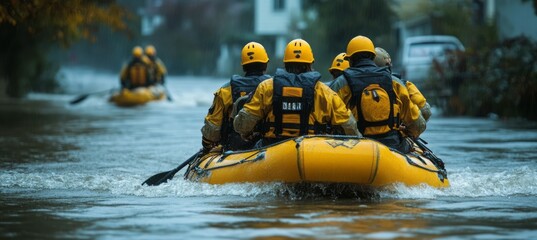 Paramedic rescue team on boat at flood disaster. Nature environment climate change crisis. Generative AI technology.	
