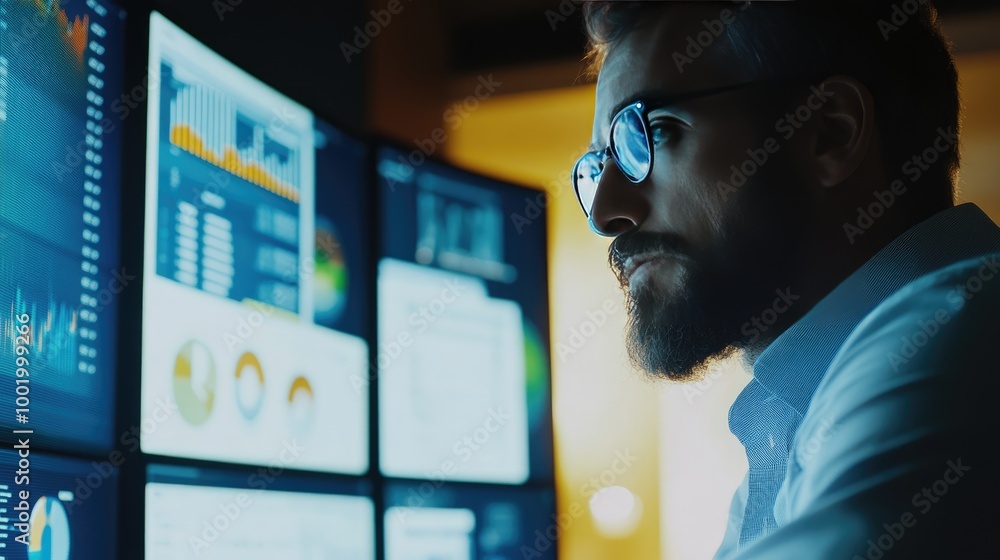 Wall mural digital marketing expert reviewing key performance indicators and campaign results on multiple scree