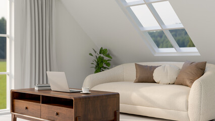 Contemporary bright living room featuring a white sofa, a laptop on a minimal hardwood coffee table.